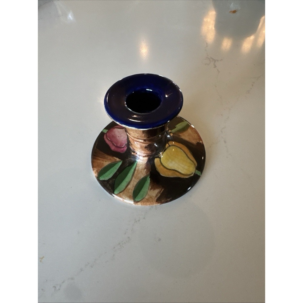 Vintage Hand Painted English Pottery Candlestick Holder Cobalt Blue Fruit Motif